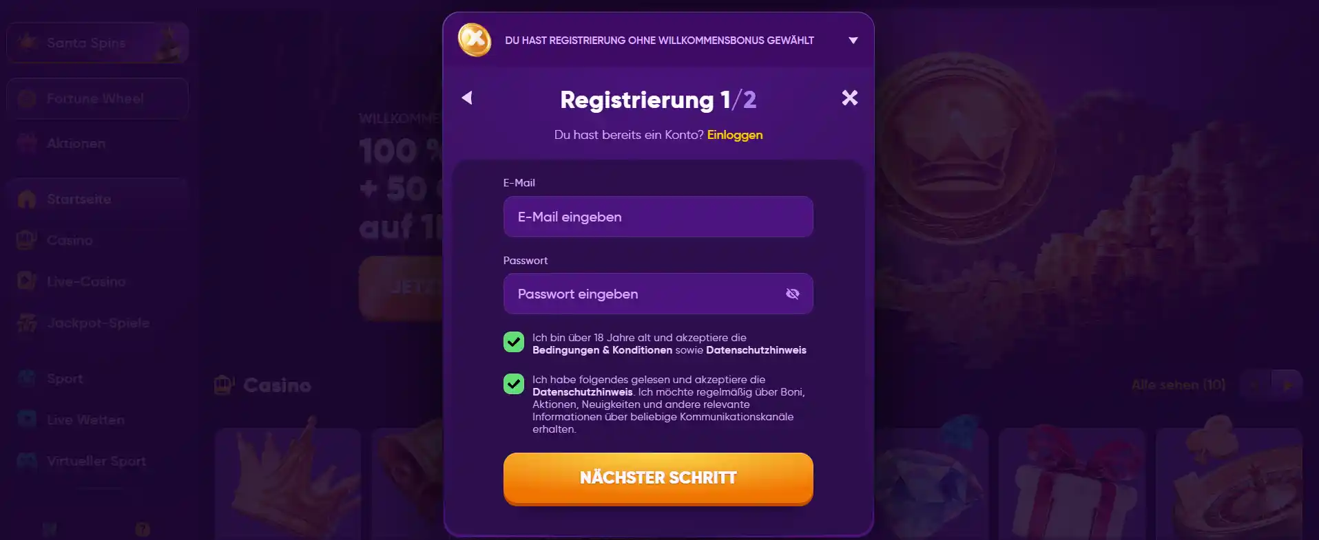 Kingmaker Casino Registrierungsseite mit Anmeldeformular